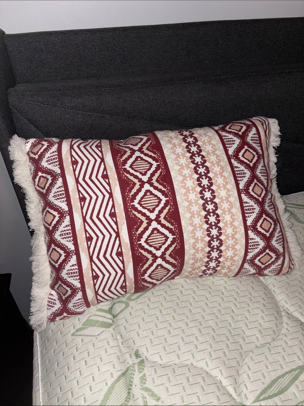 Decorative Red and Cream Patterned Throw Pillow with Fringe
